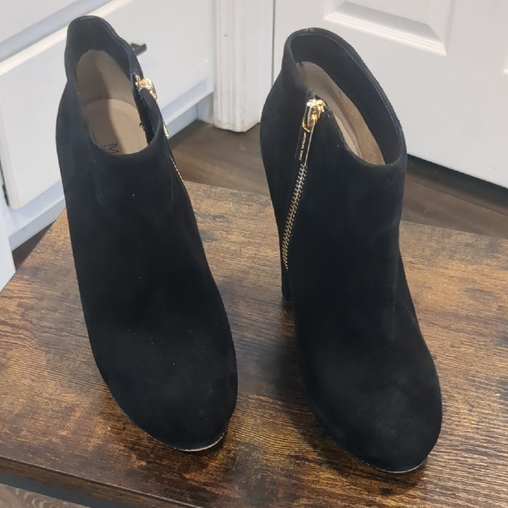 Michael Kors Black Suede Haven Platform Ankle Booties with Gold Accents - Picture 12 of 17